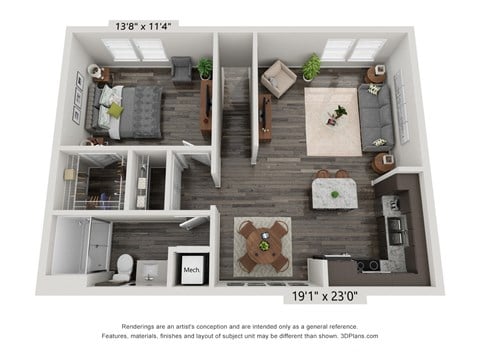Floor plan for 1 bed, 1 bath, 800 sqft